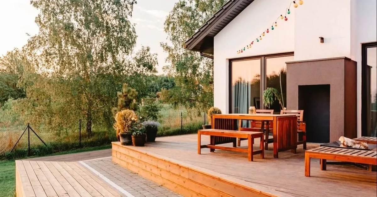 Grand patio en bois avec coin repas extérieur.