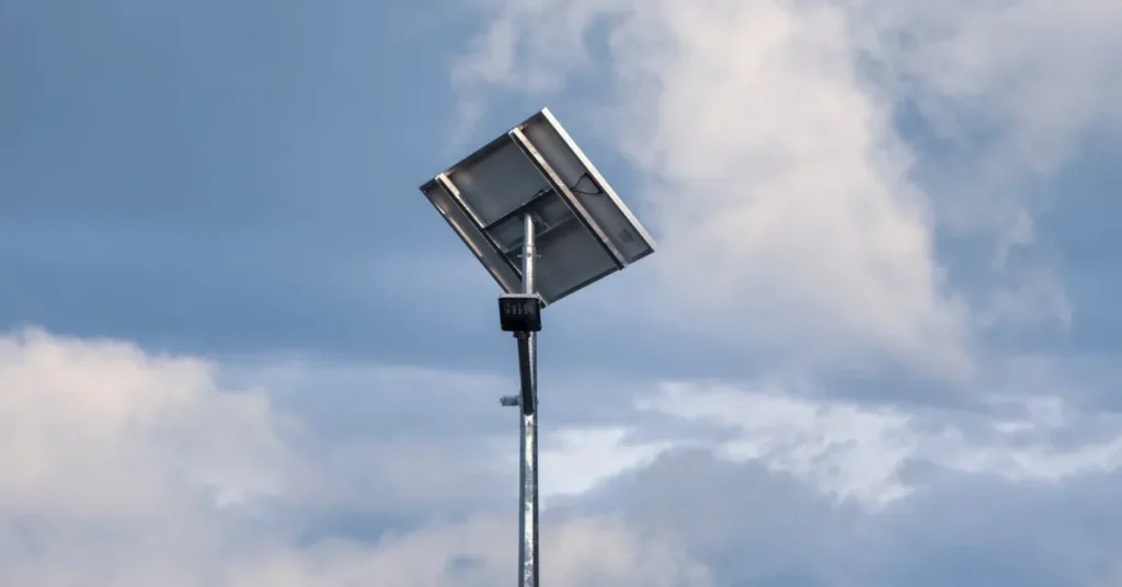 Panneau solaire monté sur un poteau haut, avec un ciel nuageux en arrière-plan.