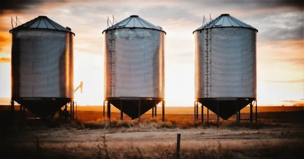 Three metal grain bins standing in a rural landscape at sunset.