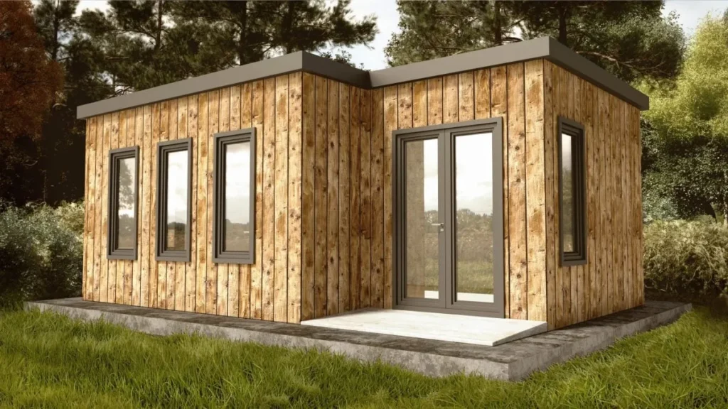 Mini-maison en bois avec grandes fenêtres modernes