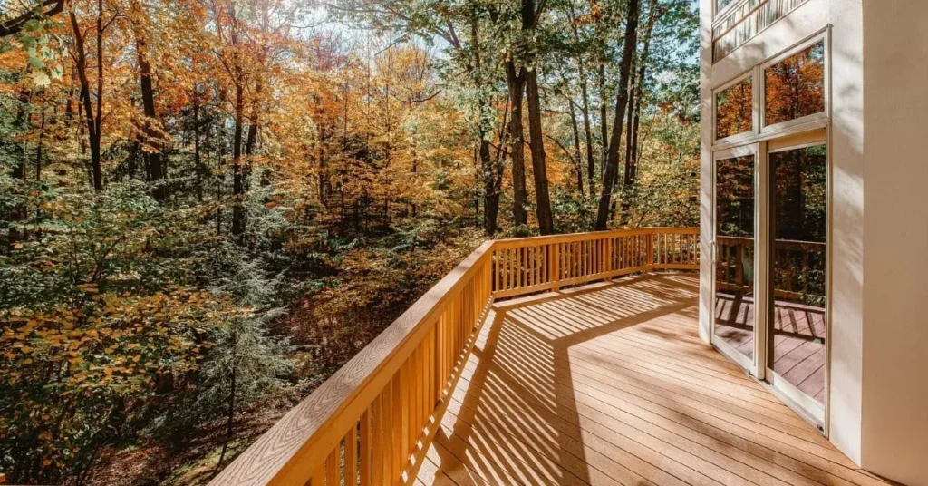 A spacious wooden deck overlooking a vibrant forest in autumn, showcasing the beauty of outdoor living spaces.