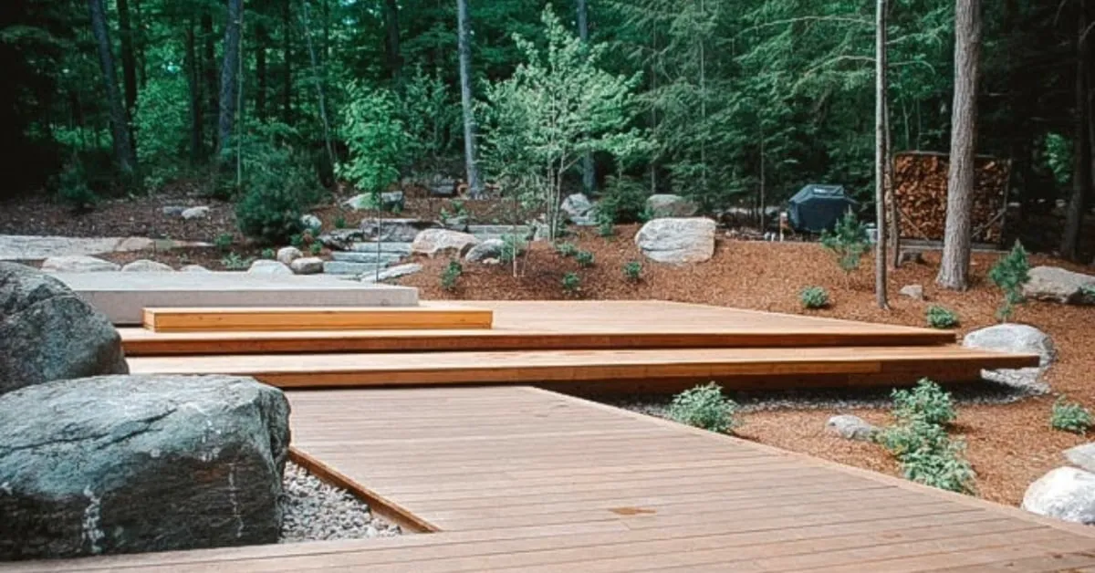 Terrasse en bois moderne avec intégration de rochers et végétation