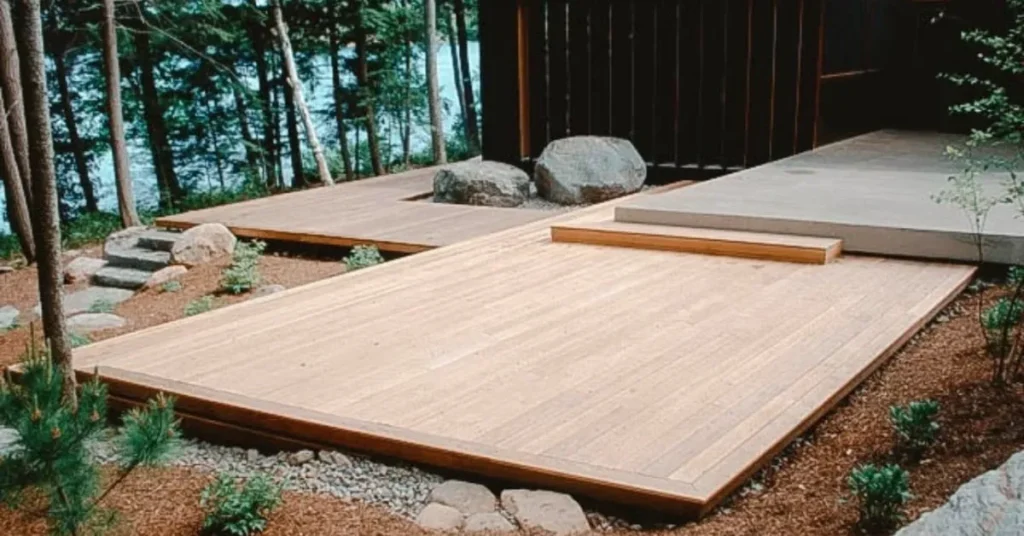 Terrasse basse en bois au bord de l'eau, entourée de nature