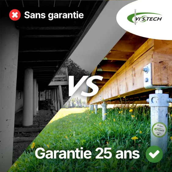 Comparaison entre une structure sans garantie et une installation de pieu vissé Vistech avec une garantie de 25 ans