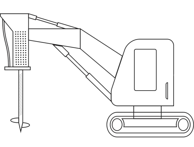 Schéma technique d'un excavateur utilisant un pieu vissé pour l'installation de fondations, illustrant le processus de pose.