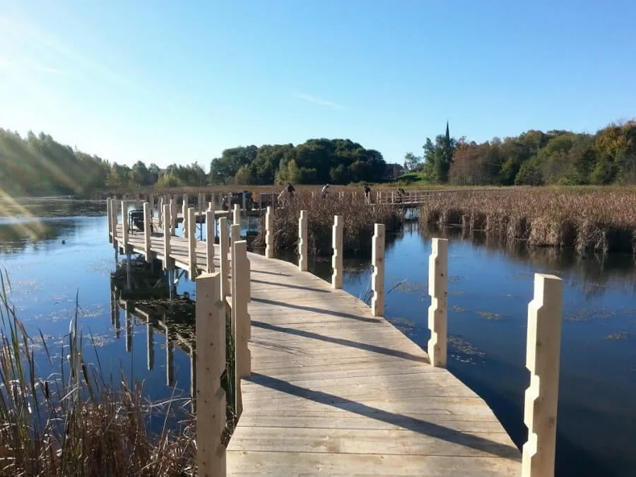 Installation de pieux vissés sur un plan d'eau pour soutenir une passerelle en bois