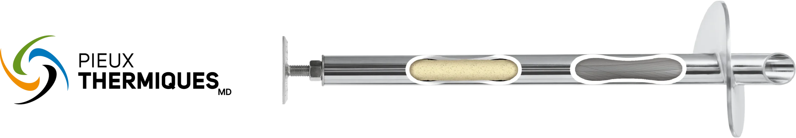 Illustration d'un pieu thermique Postech en coupe, montrant l'isolation interne et la structure en acier galvanisé.