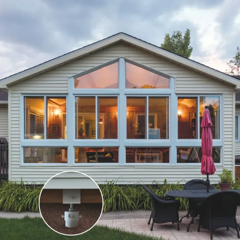 A beautiful sunroom with large windows, showcasing an inviting interior, supported by screw pile foundations for stability and durability.